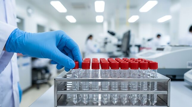 Gloved hand holding red-capped test tubes in a lab