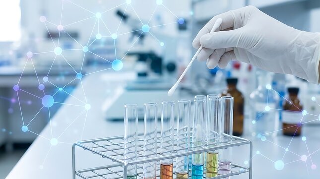 Gloved hand holding swab over test tubes in laboratory