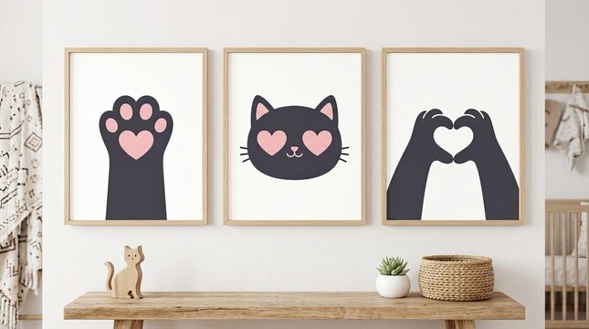 Three minimalist wooden framed prints featuring whimsical black cat illustrations in a nursery room