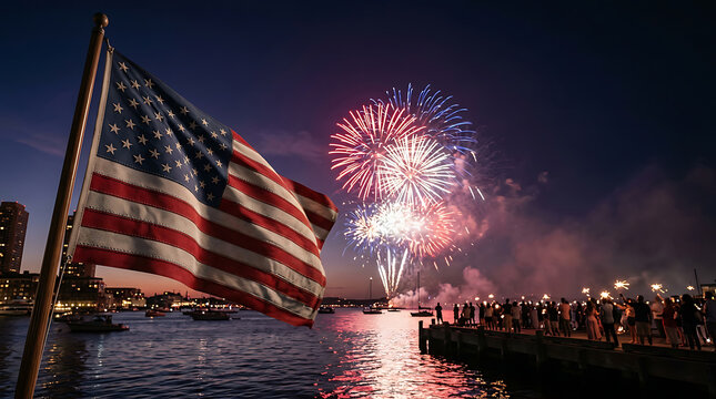Spectacular fireworks illuminate the night sky behind a waving American flag during a patriotic independence celebration at a crowded city waterfront