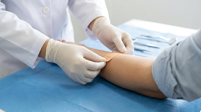 Doctor applying bandage to patient's arm medical