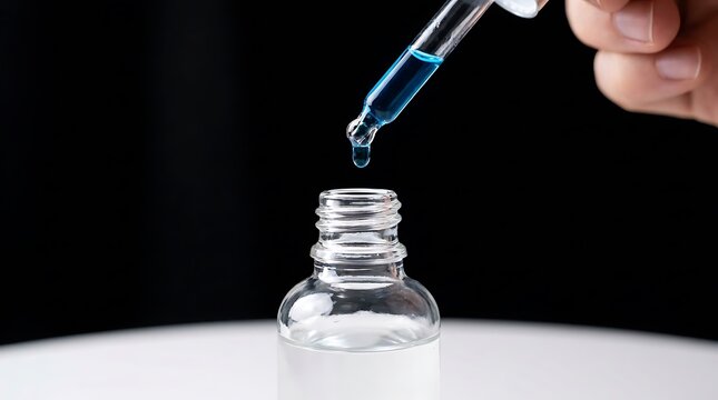 Dropper dispensing blue liquid into bottle pipette