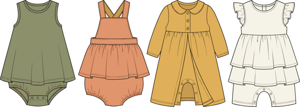 Cute Baby Romper Collection with Sleeveless Bodysuits, Ruffle Flutter Sleeve Onesies, Suspender Bubble Rompers, and Infant Clothing Apparel Vector Set