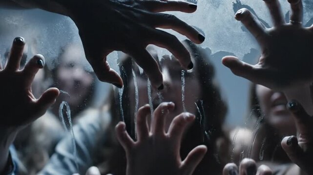 Multiple human hands pressing against a glass surface