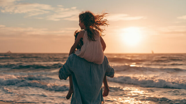 A father carrying a young daughter on his shoulders while walking along the beach at sunset, with ocean waves and warm golden light.