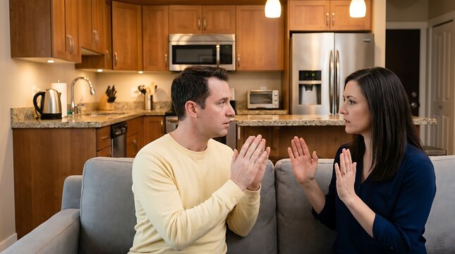 Couple sitting on couch arguing in living room woman