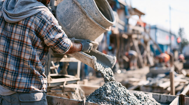 Construction worker pouring wet concrete from a portable mixer at an active building site with tools, materials and workers in the background.
