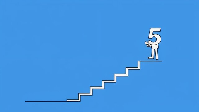 Tiny figure climbing stairs progressively upwards during bright daylight symbolizing growth and achievement