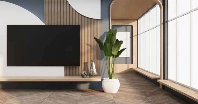 modern zen living room on dark blue wall background,3d rendering