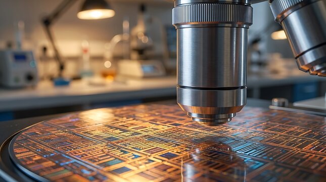 Close-up of semiconductor wafer under microscope lens