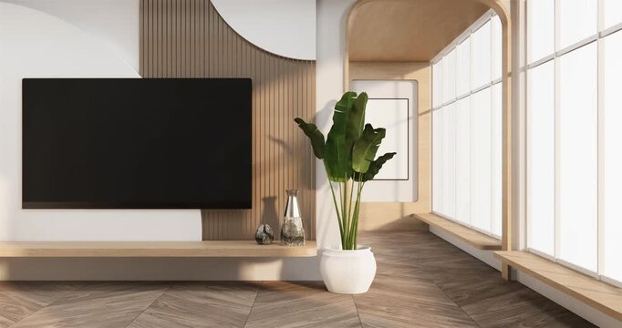 Japanese Living room, cabinet minimalist design on living room muji style.3D rendering
