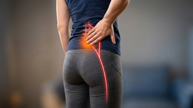 Woman suffering from lower back pain and sciatica nerve inflammation