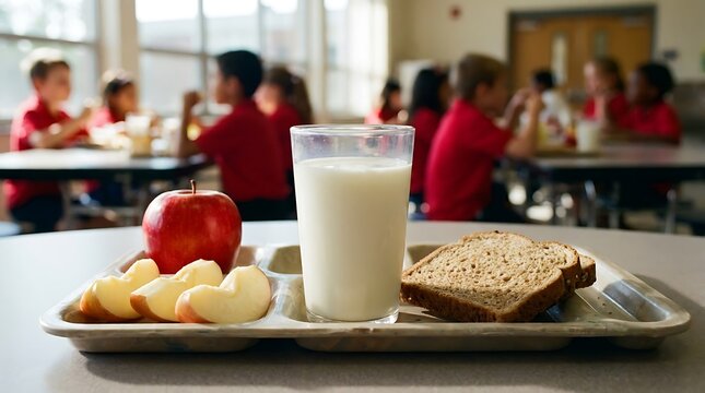 Cafeteria tray with milk, apple, bread, and apple slices