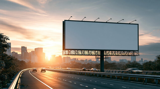Large blank roadside billboard overlooking a curved city highway at sunset, with cars, streetlights and a distant skyline in the background.