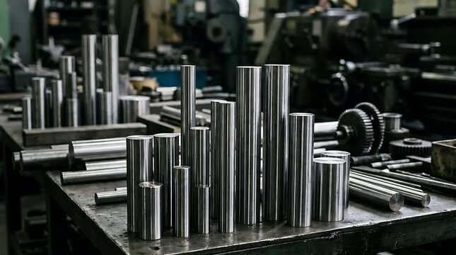Assorted metal rods on industrial workbench cylindrical