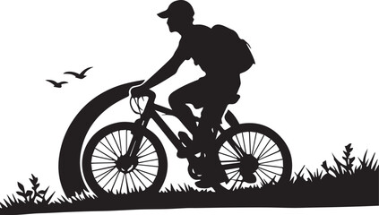 Fototapeta premium Silhouette of a man riding a mountain bike outdoors in nature with birds flying
