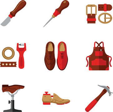 Set of pixel art icons for shoemaking and leathercraft, including tools, shoes, and apron, flat design elements