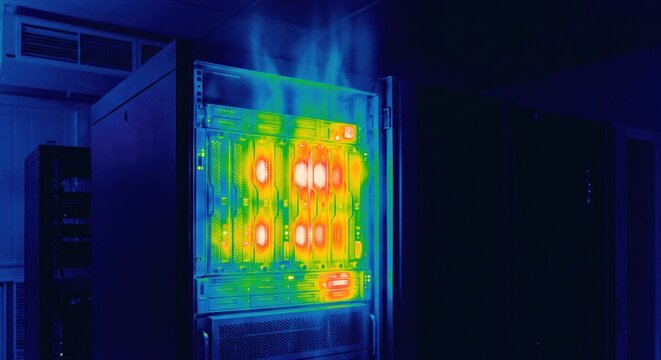 Thermal imaging of overheated server rack in a data center with high temperature hot spots