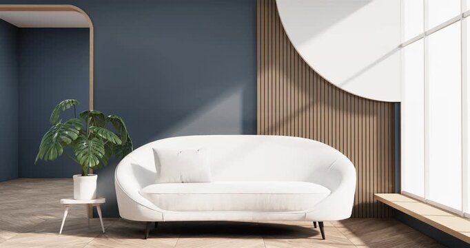 Mock up empty room Modern blue color tone interior modern minimal style on white granite floor.3D rendering