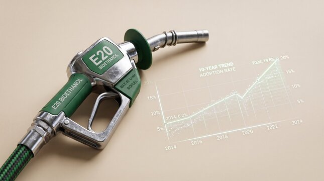 Chrome E20 bioethanol petrol nozzle with upward 10 year trend graph on beige background