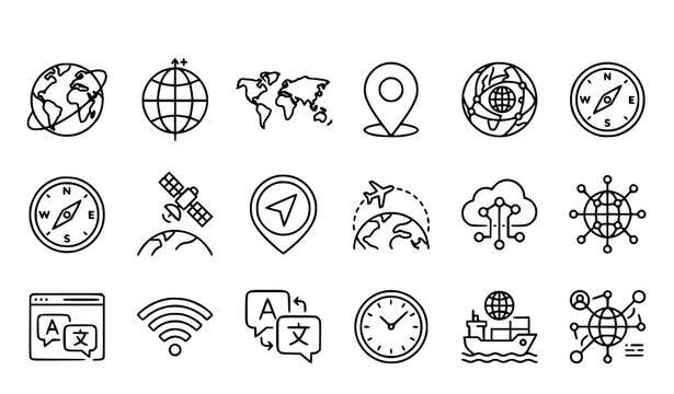 Simple Globe Outline Icon Set Premium Thin Line World Navigation and Global Communication Vector Collection