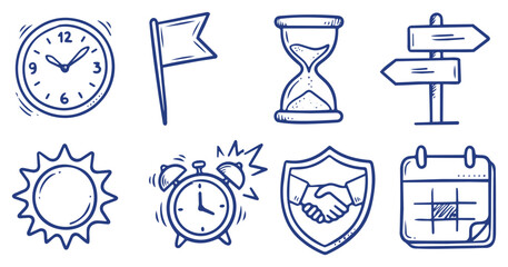 Fototapeta premium Time and business concept icons set with clock, alarm clock, hourglass, calendar, flag, directions sign, handshake shield and sun vector illustrations for planning, scheduling, deadlines and teamwork