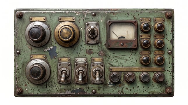 Vintage radio control panel with metal dials switches and analog gauge for electronic device operations