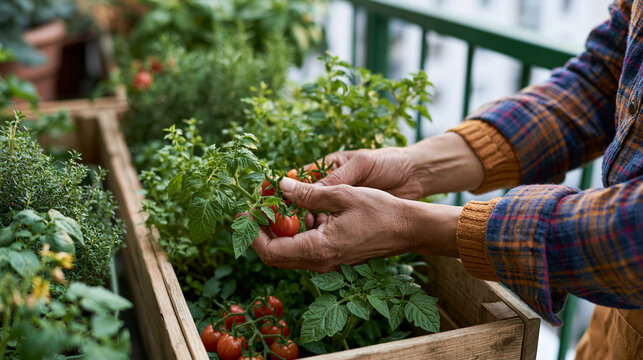 Close-up of a person picking ripe cherry tomatoes from a raised wooden planter filled with herbs and vegetables on an urban balcony.