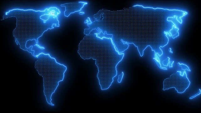 Glowing blue world map graphic.Neon World Map Outline. Futuristic animation, creative glowing lights outline of planet Earth.