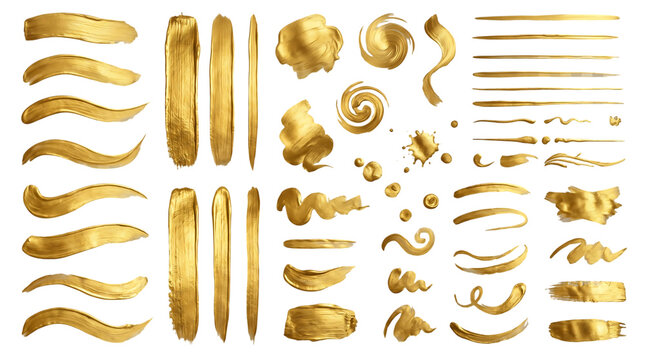 Set of gold paint brush strokes and texture elements