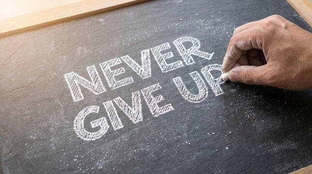 Hand writing motivational phrase never give up on chalkboard with white chalk