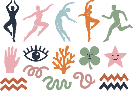 Matisse inspired abstract aesthetic vector illustration set featuring dancing human silhouettes eye hand coral star and organic geometric shapes in pastel colors