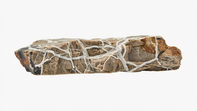 Raw brown rock mineral with white calcite veins formation isolated specimen geological gemstone material structure