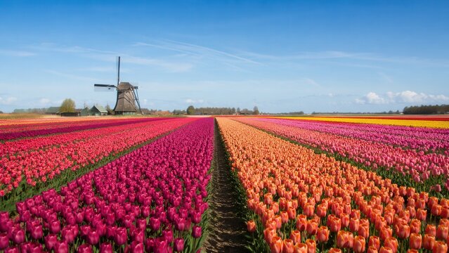 Colorful tulip fields with traditional windmill in Dutch countryside during vibrant spring bloom