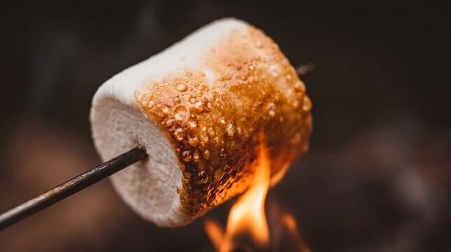 Golden marshmallow roasting slowly over glowing campfire flame close up detail shot