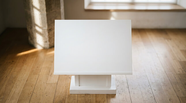 Clean White Pedestal Display Stand in a Sunlit Room with Wooden Floor and Large Window Overhead