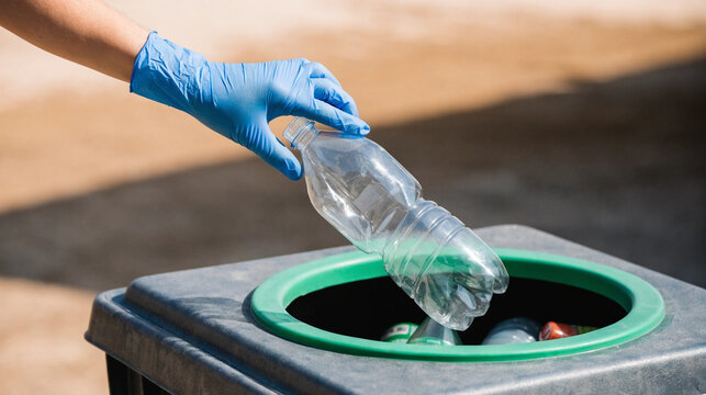Hand wearing a protective blue glove dropping an empty plastic bottle into a recycling bin