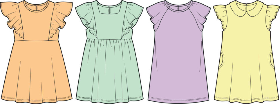 Cute Baby Girl Dress Collection with Flutter Sleeve Frocks, Peter Pan Collar Outfits, Casual Toddler Clothing, and Pastel Kids Fashion Apparel Illustrations