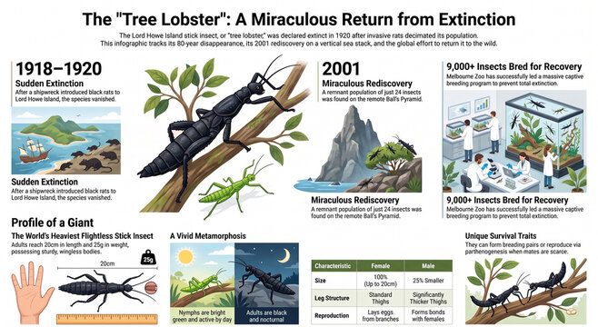 Educational infographic exploring the Lord Howe stick insect, its biology, island ecology, rediscovery, captive breeding and conservation.