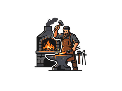 Blacksmith working at anvil. Metal worker forging hot iron in a traditional workshop.