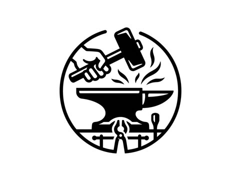 Blacksmith hammer and anvil icon. Metalworking forge symbol for industrial craft.