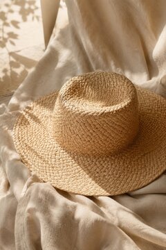 Elegant woven straw sun hat on soft linen fabric with warm natural light and minimalist summer aesthetic