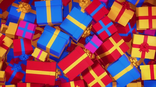 Pile of Colorful Gift Boxes Falling and Rotating on Green Screen