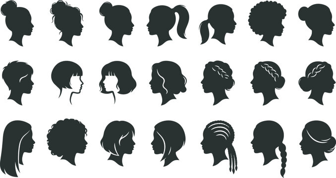 Set of Women Silhouettes Vector Avatars Female Profile Icons with Hairstyles Black Outline Face and Head Illustration Collection for Business and Fashion Design