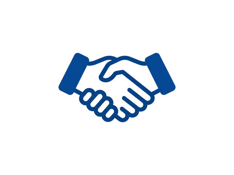 Blue handshake icon on white background. Business agreement symbol for corporate design.
