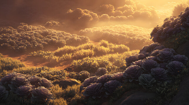 Golden hour cabbage field prep station glow ba sunrise over dew covered cabbage patch with rolling grassy mounds and warm backlight creating serene agricultural scene