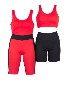 A red sports bra paired with red leggings and a black sports bra with black shorts