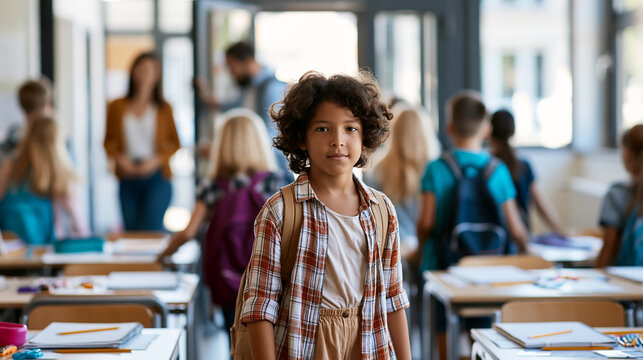 Smiling schoolchild wearing a backpack standing between classroom desks, with other children and adults in a bright school interior.