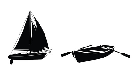 Sailing Yacht And Rowboat Silhouette Against White Background © Urmi512