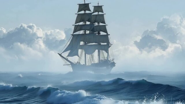 Mysterious tall sailing ship crossing stormy ocean with dramatic fog and epic maritime adventure scene